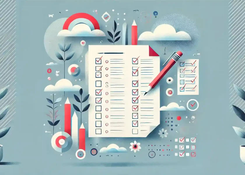 Illustration minimaliste en flat design représentant des feuilles d'examen, des checklists, des crayons et des formes géométriques abstraites dans une palette de couleurs pastel. Le fond est bleu clair avec des accents rouges et blancs. Des graphiques flottants, des nuages et de petites plantes créent une ambiance de calme et de concentration. Le design est épuré et structuré, symbolisant un thème académique avec des éléments de succès tels que des coches et des barres de progression.