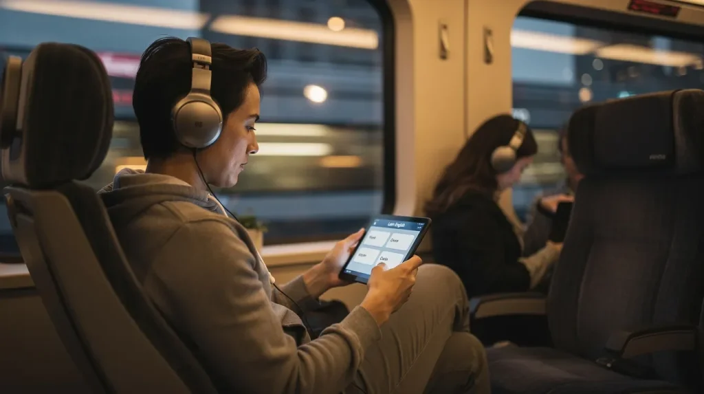 Une personne écoute des cours d'anglais avec un casque dans un train, profitant de son temps de trajet pour améliorer ses compétences en langue. Cet étudiant, engagé dans son apprentissage, démontre comment il est possible d'apprendre l'anglais même en travaillant à temps plein