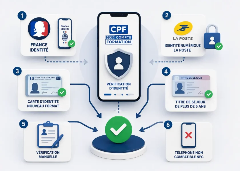 Vérification d'identité CPF avec France Identité, Identité Numérique La Poste et validation manuelle selon votre profil