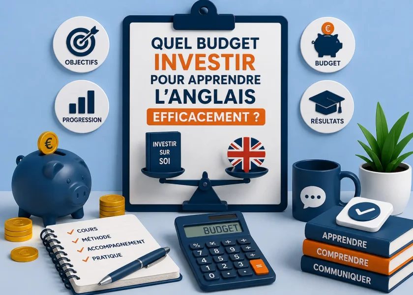 Illustration représentant le budget à prévoir pour apprendre l'anglais efficacement selon ses objectifs et sa méthode d'apprentissage.