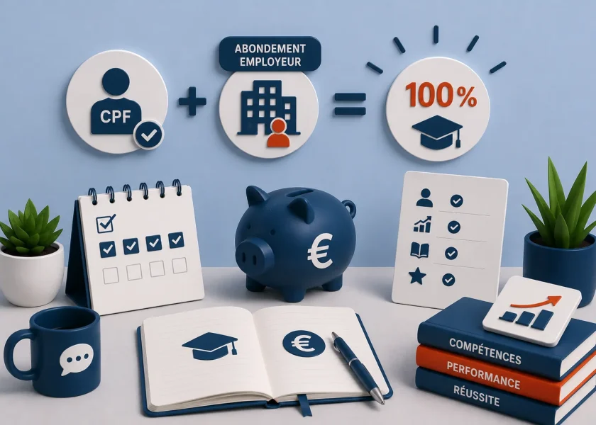 CPF et abondement employeur : illustration expliquant comment financer 100 % d'une formation en anglais pour les salariés.