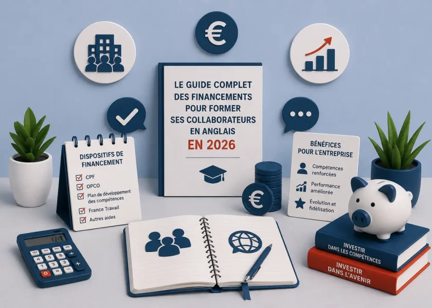 Illustration du guide complet des financements pour former ses collaborateurs en anglais en 2026 : CPF, OPCO, plan de développement des compétences et autres aides aux entreprises.