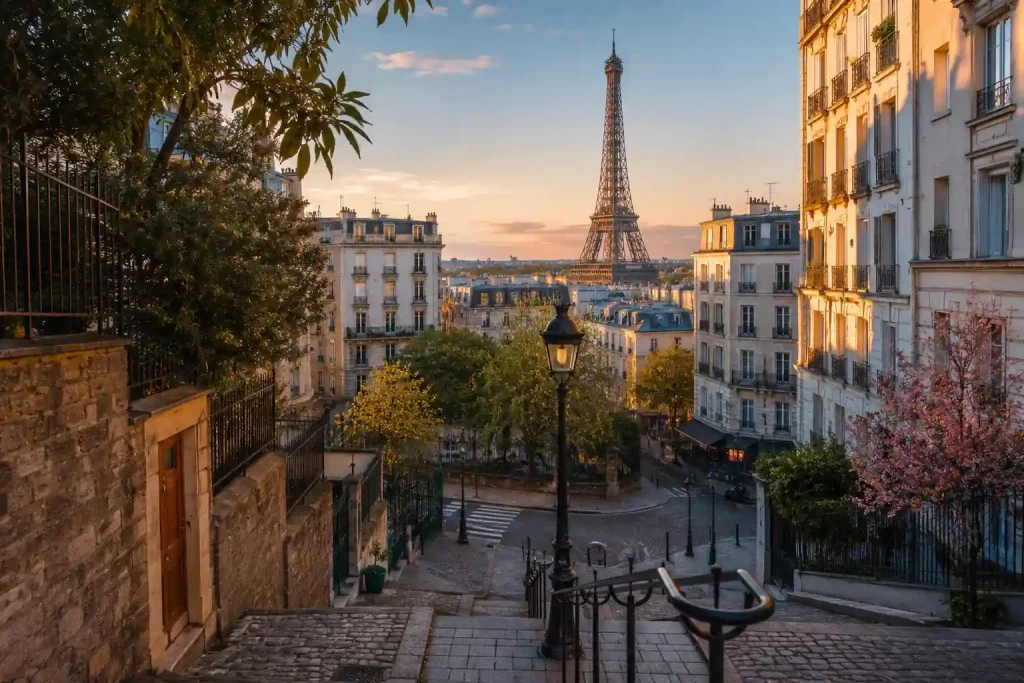 Cours d'anglais du soir à Paris avec vue sur la Tour Eiffel, idéal pour les actifs souhaitant apprendre l'anglais après le travail.