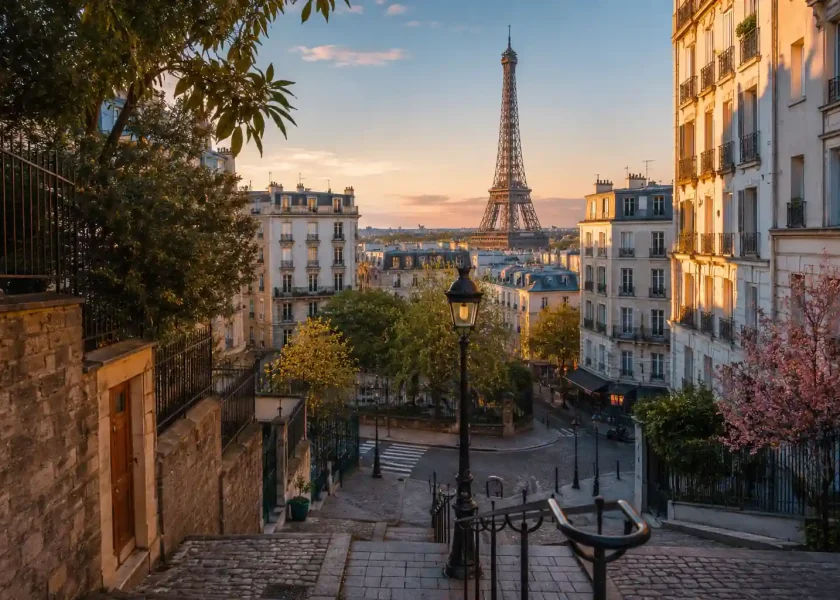 Cours d'anglais du soir à Paris avec vue sur la Tour Eiffel, idéal pour les actifs souhaitant apprendre l'anglais après le travail.