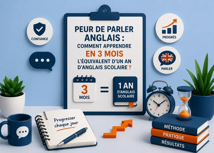 Illustration expliquant comment apprendre en 3 mois l'équivalent d'un an d'anglais scolaire grâce à une méthode intensive et axée sur l'oral.