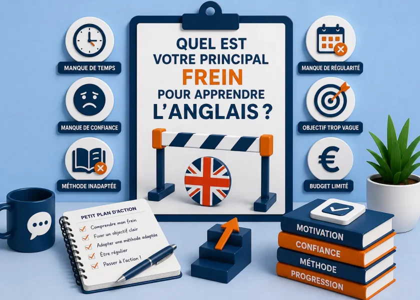Illustration représentant les principaux freins qui empêchent d'apprendre l'anglais, comme le manque de temps, de confiance, de régularité, une méthode inadaptée ou un objectif peu clair.