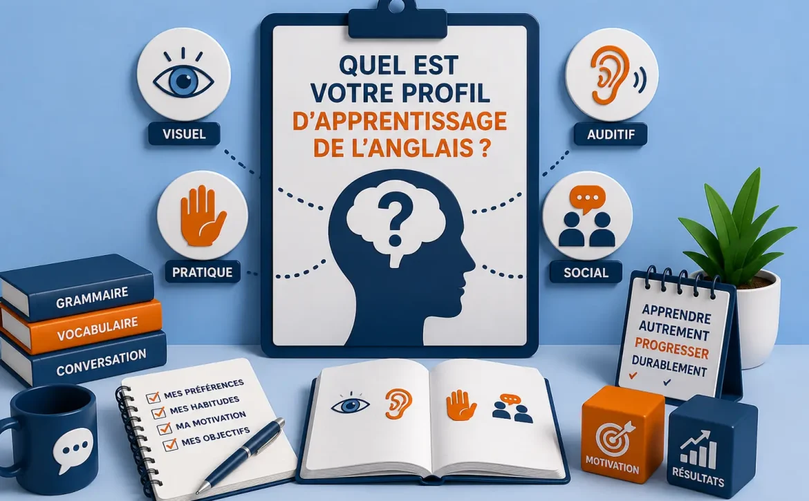 Illustration représentant les différents profils d'apprentissage de l'anglais (visuel, auditif, pratique et social) afin d'identifier la méthode la plus adaptée pour progresser efficacement.