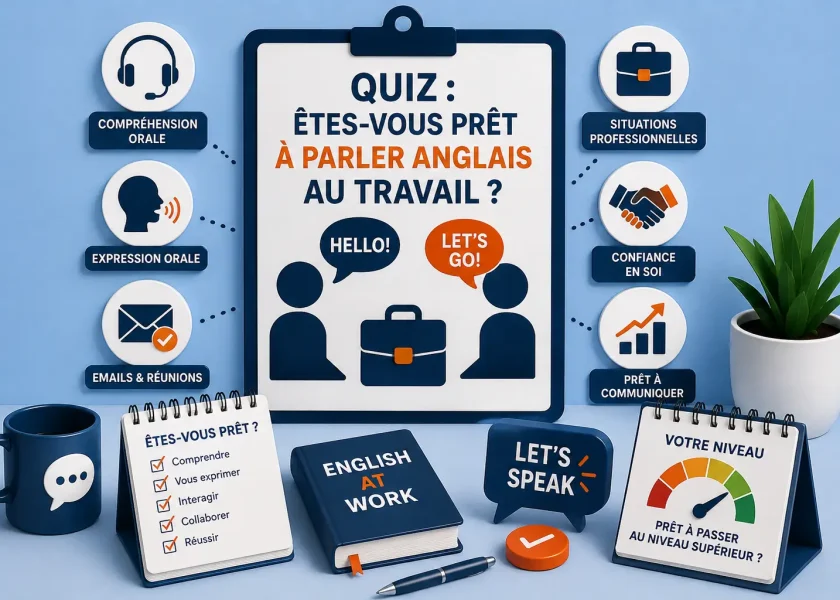 Quiz pour évaluer votre capacité à parler anglais au travail : compréhension et expression orales, réunions, emails professionnels et confiance en anglais.