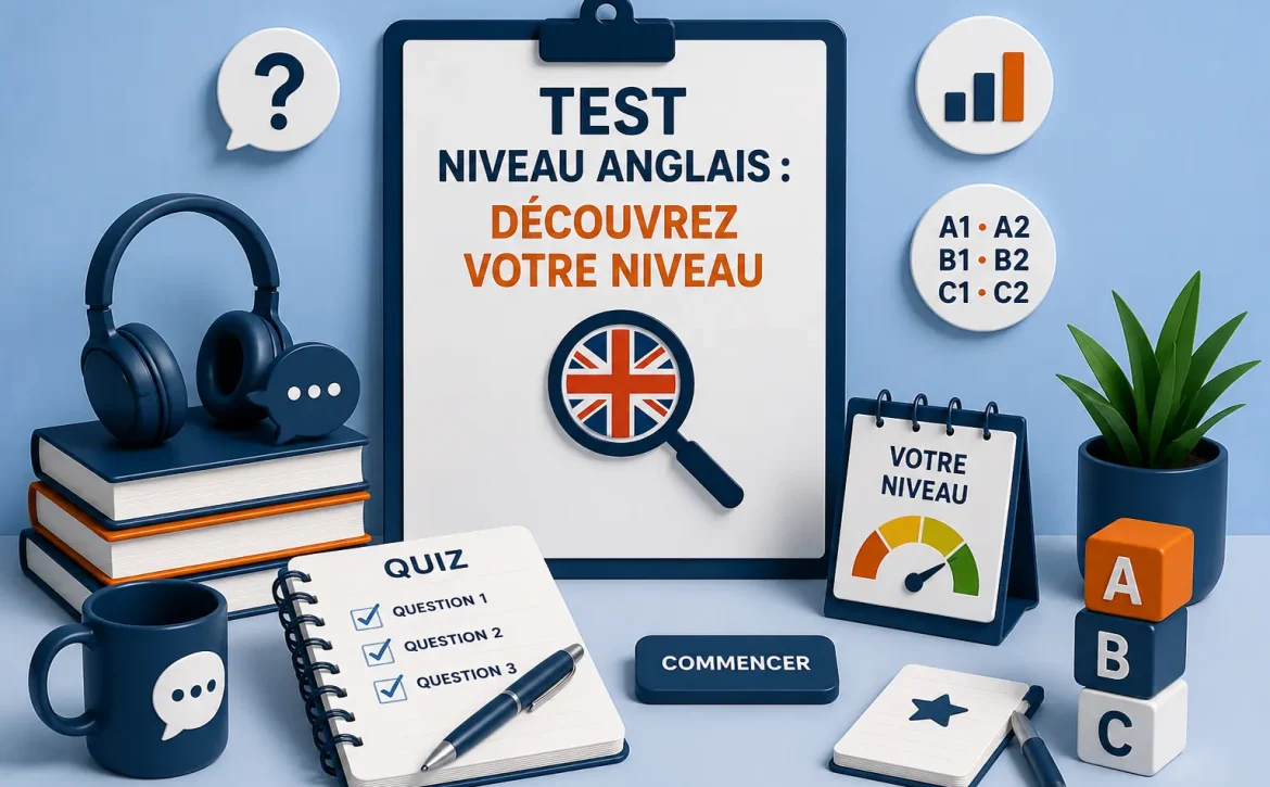 Illustration représentant un test de niveau d'anglais permettant d'évaluer son niveau de A1 à C2.