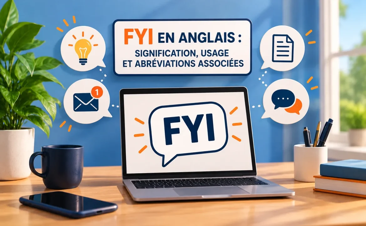 FYI en anglais : signification de l'abréviation For Your Information, illustrée sur un ordinateur avec des symboles d'e-mails et de communication professionnelle.