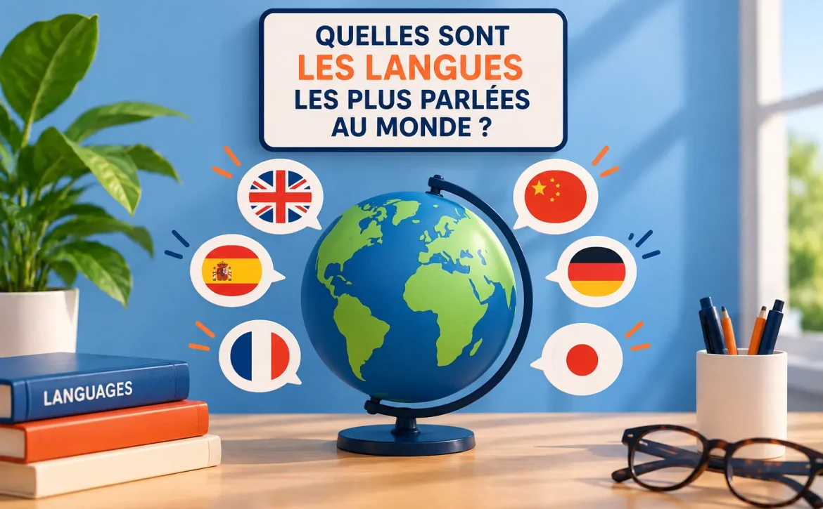Illustration des langues les plus parlées au monde avec un globe terrestre et les drapeaux de plusieurs pays représentant l'anglais, le chinois, l'espagnol, le français, l'allemand et le japonais.
